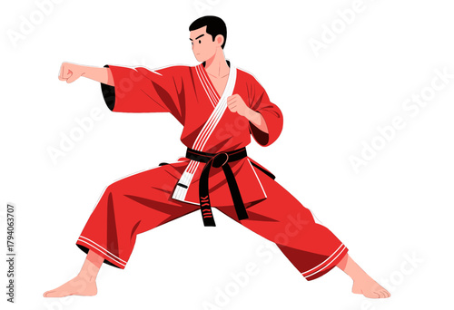 Karate Practitioner in Red Uniform Posing Mid-Stance