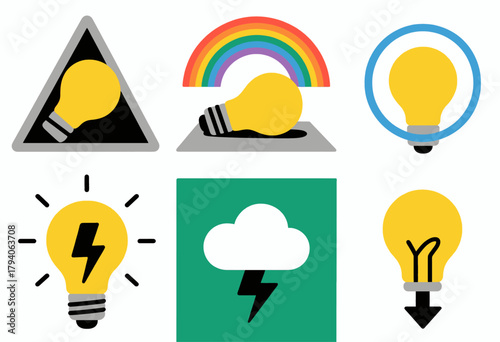 Light bulb icon set, minimal flat design, conceptual ideas isolated