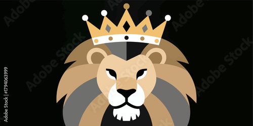 Lion head wearing crown, minimal flat design, isolated