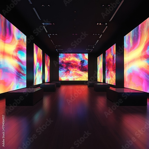 Modern gallery display with vibrant digital art