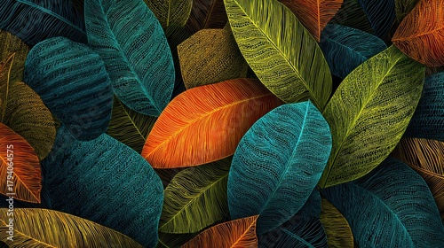 Wallpaper Mural Vibrant Leaf Pattern with Shades of Green, Blue, and Orange Ideal for Nature and Botanical Designs Torontodigital.ca