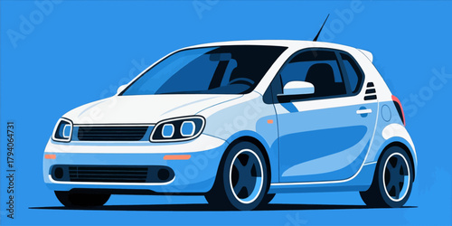 Modern hatchback car illustration, blue and white minimal vector style