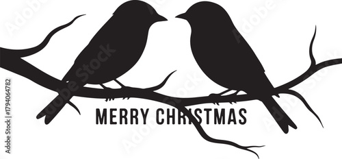 Two birds on a branch with a Merry Christmas banner vector silhouette. Cute winter holiday illustration for greeting cards