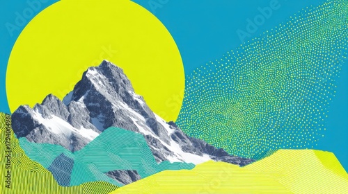 Vibrant Abstract Landscape with Mountain, Bright Yellow Sun, and Geometric Patterns in Blue and Green Tones