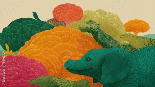Colorful Illustration of Animals Surrounded by Vibrant, Abstract Plant Forms in a Whimsical Natural Setting
