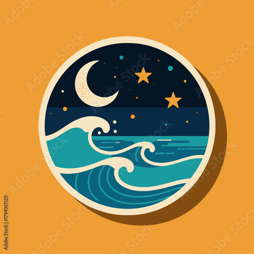 Ocean waves under moon and stars, minimal night scene, isolated