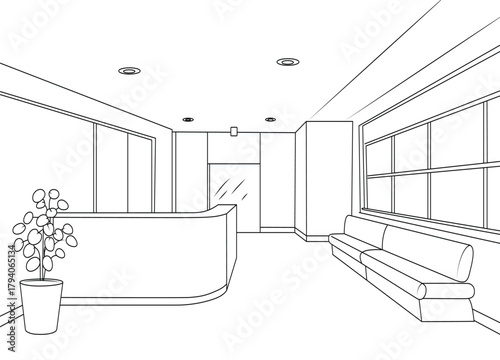 Black and White Office Reception Area Illustration with Plant and Seating a Modern Minimalist Design for Business Interiors