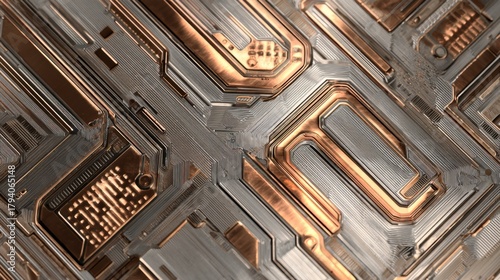 Intricate Circuit Board Design Featuring Copper and Silver Textures in a Modern Technology Background