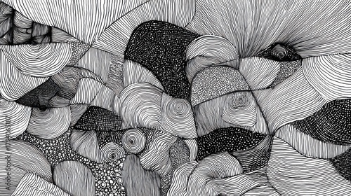 Intricate Black and White Line Art Design Featuring Abstract Shapes and Patterns in Fluid Composition