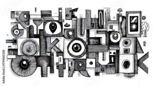 Abstract black and white artwork with geometric shapes, lines, and eye motifs in a modern artistic composition