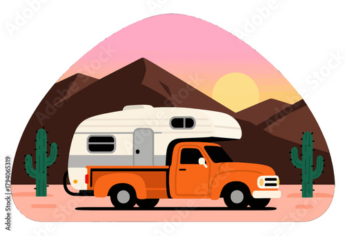 Orange Truck with White Camper Attachment