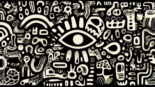 Abstract eye pattern artwork with black and white shapes featuring various designs and forms in a modern artistic style
