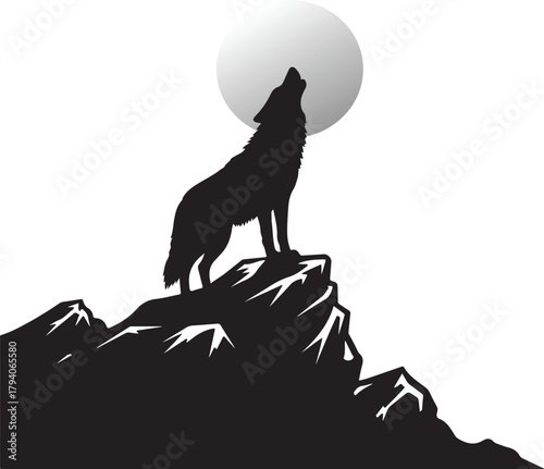 Wolf Howling at the Moon Vector – Wild Animal Silhouette on Mountain Cliff Illustration