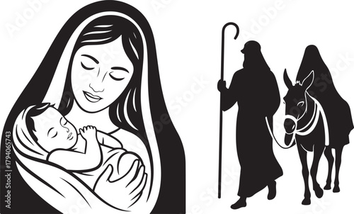 Virgin Mary with baby Jesus and the Flight to Egypt silhouette set. Holy Family traveling on a donkey. Christian Nativity and Christmas story vector illustrations.