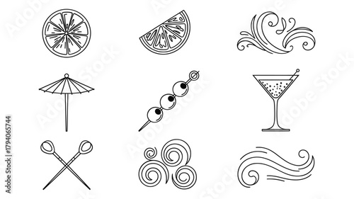 Hand drawn cocktail and tropical elements collection