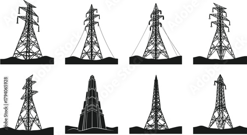 Collection of high voltage transmission tower silhouettes, industrial electricity pylons vector set, energy grid infrastructure illustration on landscape background for design