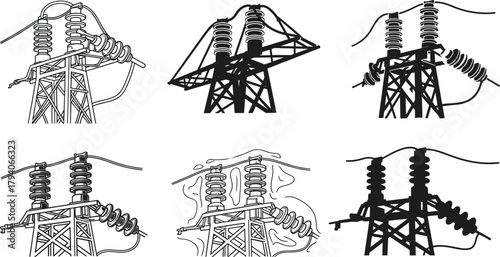 Detailed high voltage electrical insulator vector set showing transmission tower components, power grid infrastructure, utility line hardware, energy system illustration