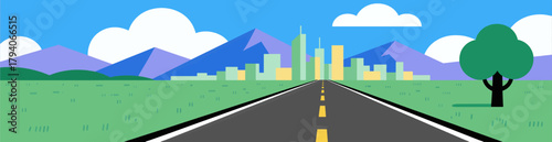 Road leading to colorful city skyline illustration, minimal design