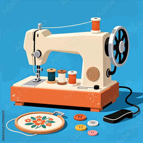 Retro sewing machine illustration with buttons and thread spools