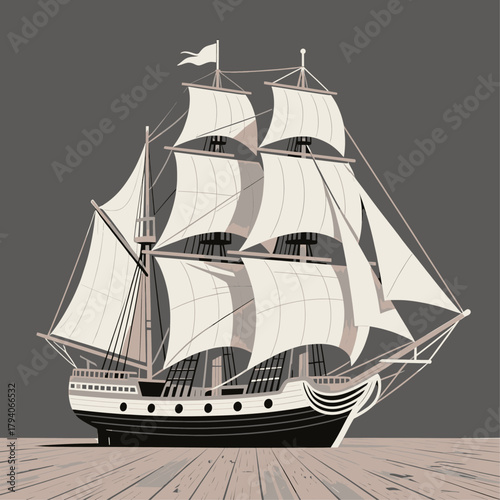 Sailing ship vector illustration, minimalist style, on wooden deck