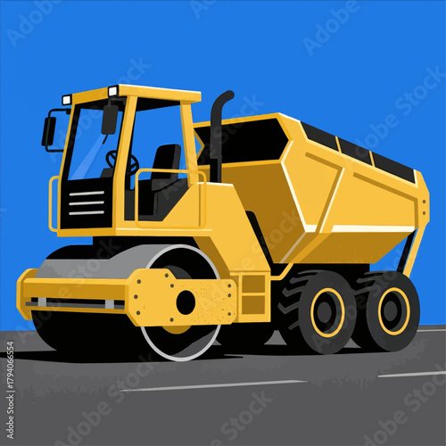 Road construction machine illustration, flat style, isolated on blue