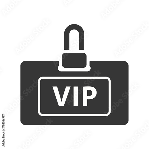 A dark gray icon of a vip pass with a lanyard, symbolizing exclusive access and special privileges