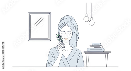 A woman in a bathrobe and towel on her head, smelling a sprig of leaves, in a minimalist bathroom setting