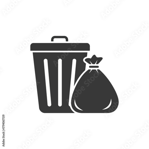 A simple black and white illustration of a trash can next to a tied garbage bag, symbolizing waste and disposal