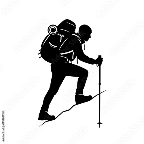 Silhouette of a hiker with a large backpack and trekking poles, climbing a steep incline