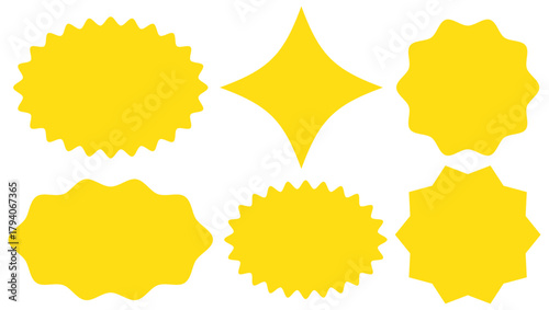Set of yellow star burst shape tags for price. Circle sticker. Wavy edge promo badges. Set of burst tag icons. A collection of starburst stickers. eps 10