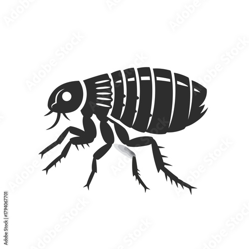 A black silhouette of a flea, a small wingless insect known for its ability to jump