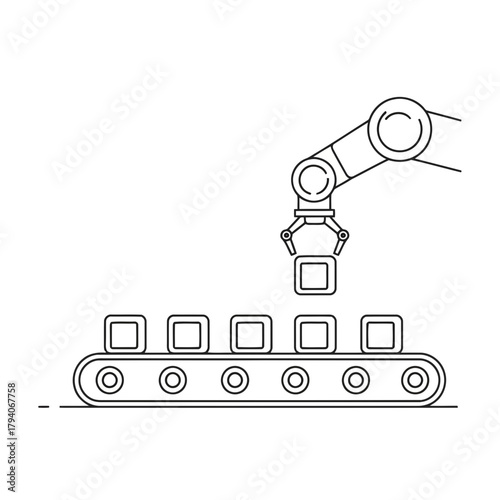 Robotic arm with gripper picking up a cube from a conveyor belt