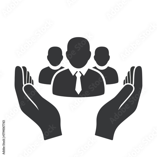 Two hands holding and protecting a group of people, representing teamwork, support, and care