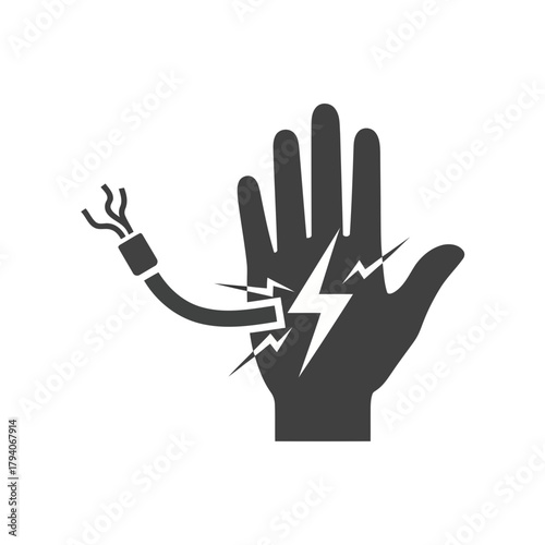 Icon of a hand receiving an electric shock from a frayed wire, symbolizing danger and electrical hazard