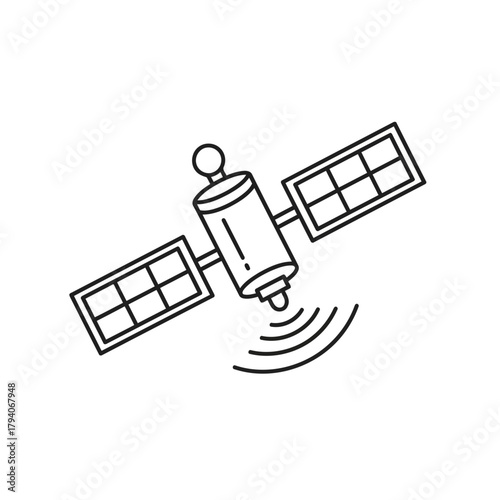 Simple line drawing of a satellite with solar panels and signal waves