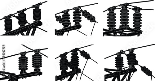 High voltage electrical insulator vector set showing transmission line components, power grid equipment, detailed utility structure silhouettes for energy infrastructure illustration