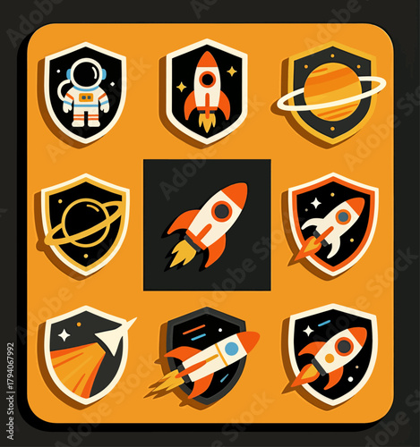 Space exploration badges, colorful flat design, isolated
