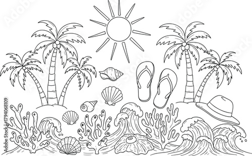 Hand Drawn Summer Vintage Icon Sett.