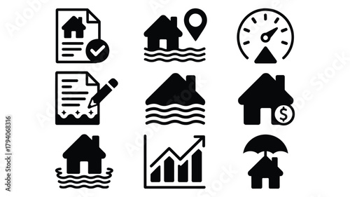 Real estate and housing icons representing various services and concepts