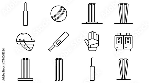 Cricket sports equipment icons set simple line art