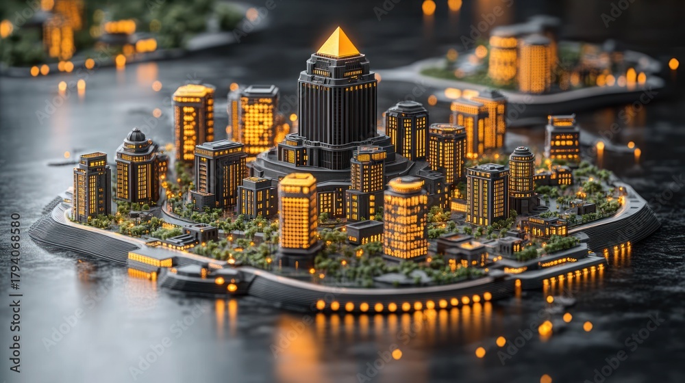 Obraz premium Illuminated city on an island