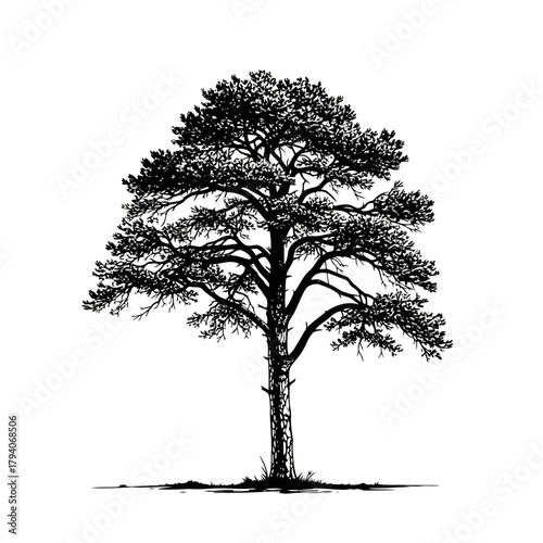 Detailed black and white illustration of a mature pine tree with dense foliage