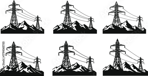 High voltage electricity pylons with mountain landscape, power transmission tower vector illustration set, energy infrastructure design for industrial engineering projects