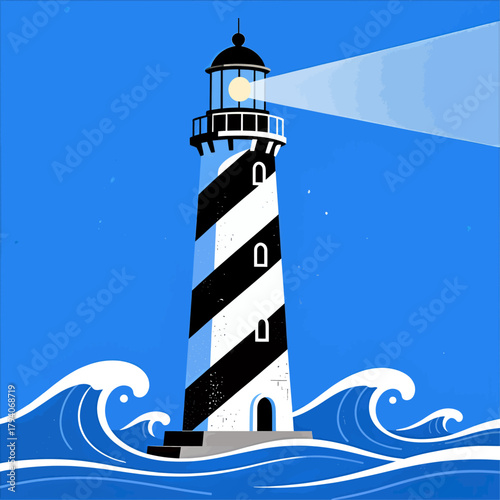 Striped lighthouse in waves vector illustration, minimal style design
