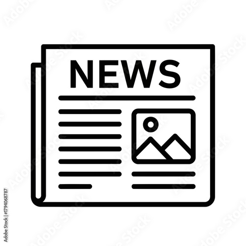 Simple black and white illustration of a newspaper with the word news on the front page