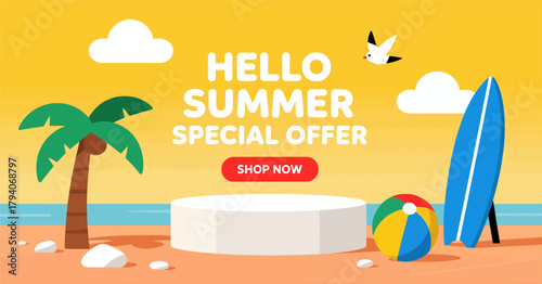 Summer sale banner, flat design, beach theme with surfboard and ball