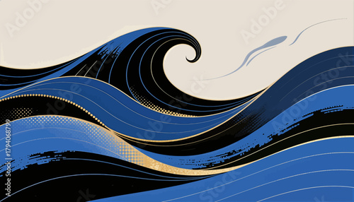 Stylized blue ocean wave, dynamic swirls, gold accents