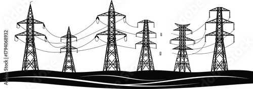 High voltage power transmission towers silhouette on landscape, electrical grid infrastructure illustration, energy distribution lines vector design, industrial utility scene