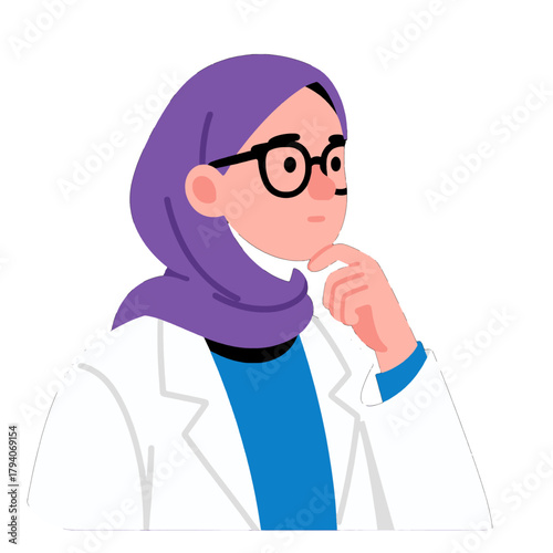 Thoughtful woman with glasses wearing a hijab and lab coat