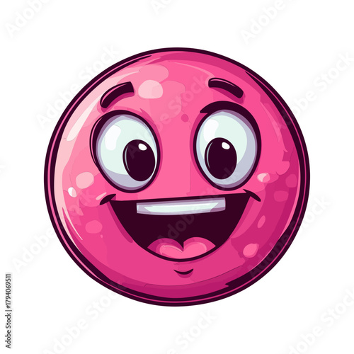 Excited, glossy pink cartoon face/emoji with big eyes and a wide, happy, toothy grin. Great for social media, gaming, fun, or bright design blogs and websites.